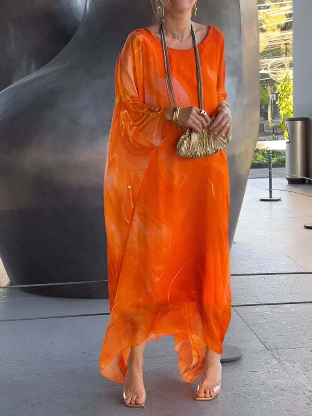 Women's Marble Chiffon Maxi Dress Batwing Plus Size