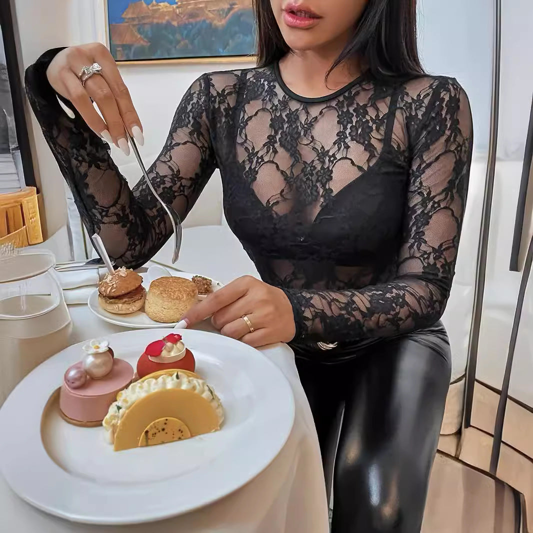 Sheer Floral Lace Long Sleeve Slim Fit Mesh Top