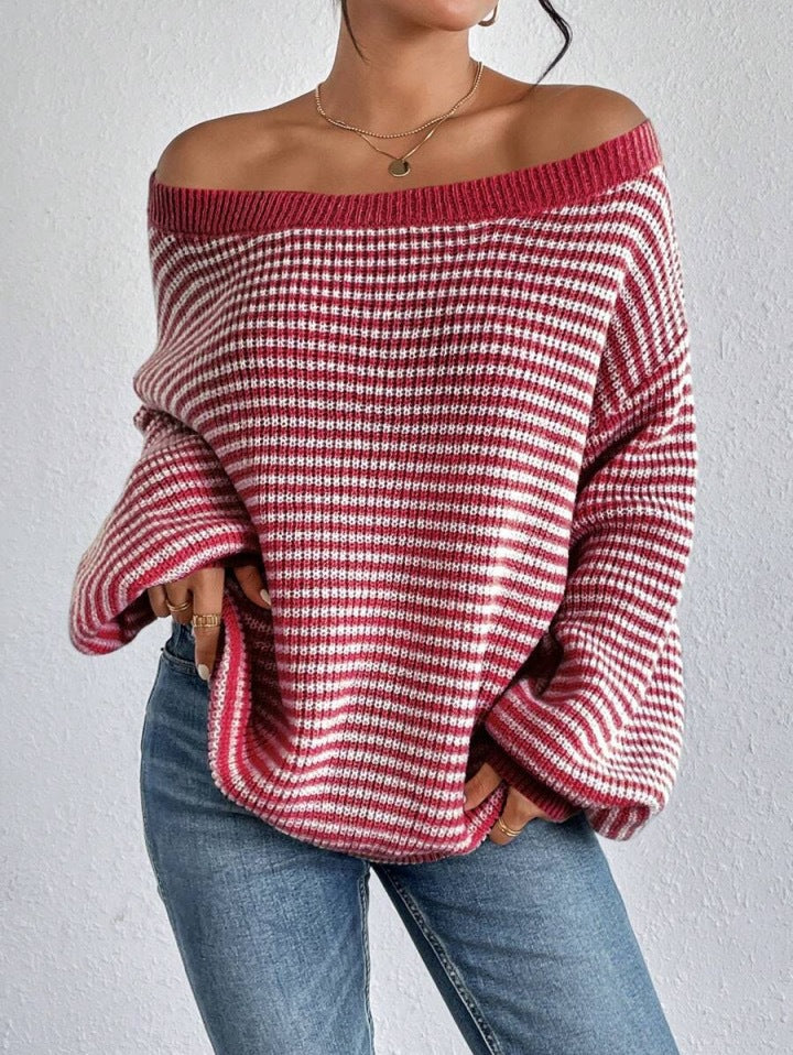 Women's Off Shoulder Striped Oversized Pullover Sweater