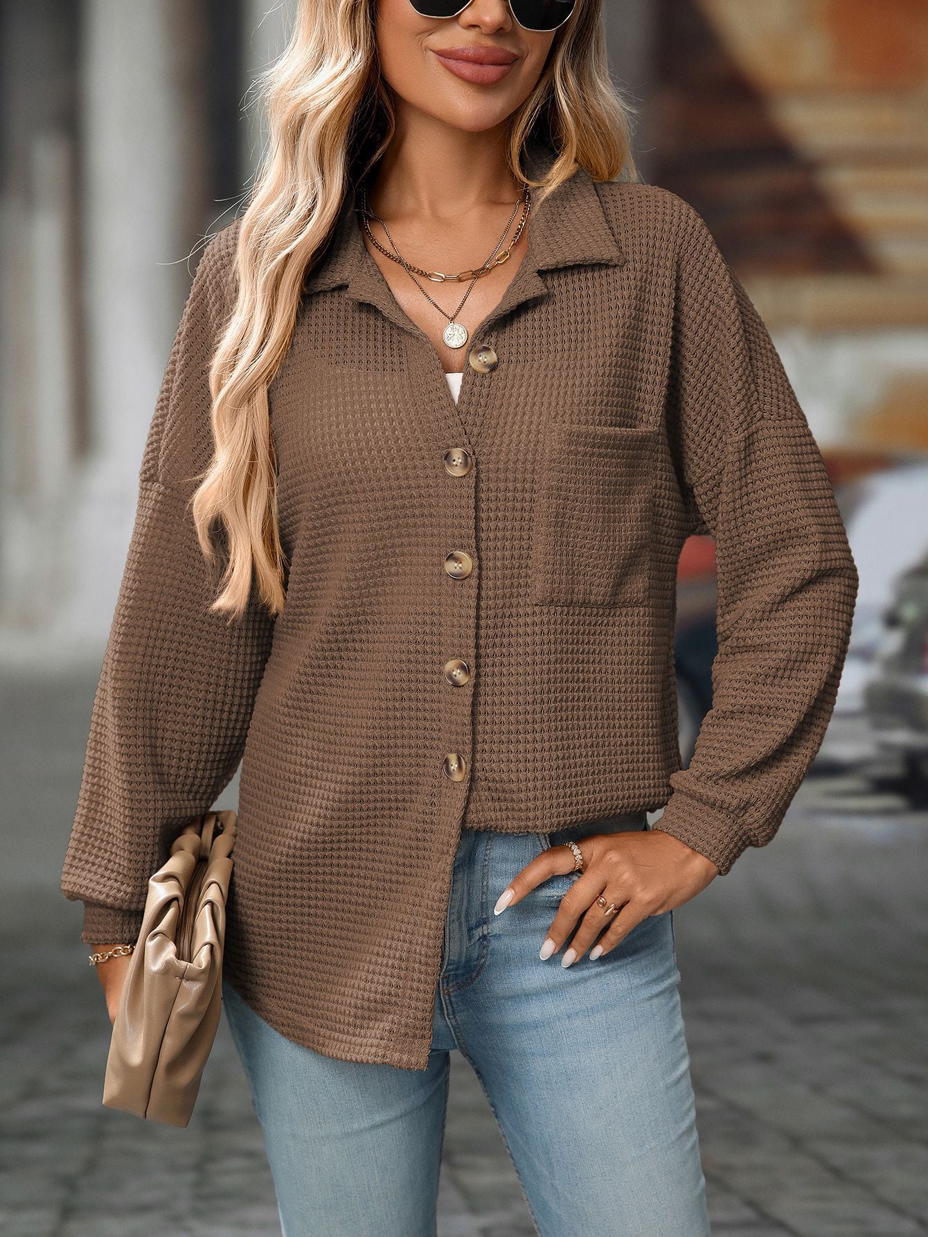 2025 Fall/Winter Casual Waffle Knit Shirt – Loose Fit Commuter Top