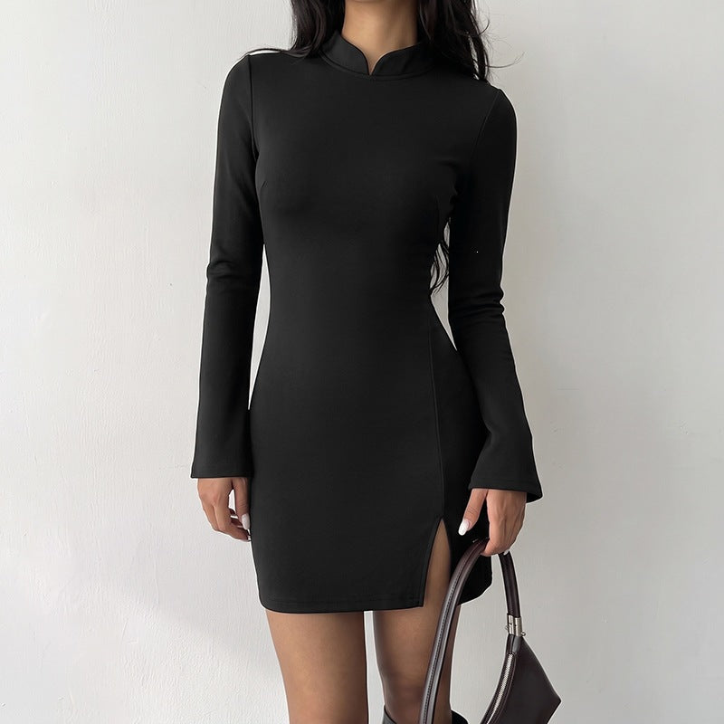 Black Long Sleeve Mini Dress Open Back Slit Chinese Collar