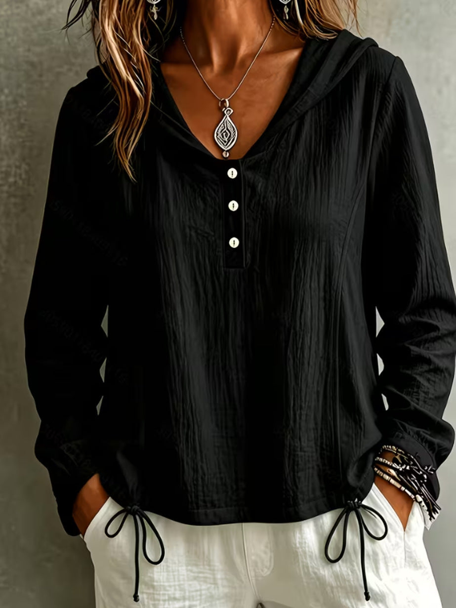 Women's Oversized Textured Hooded Henley Casual Top