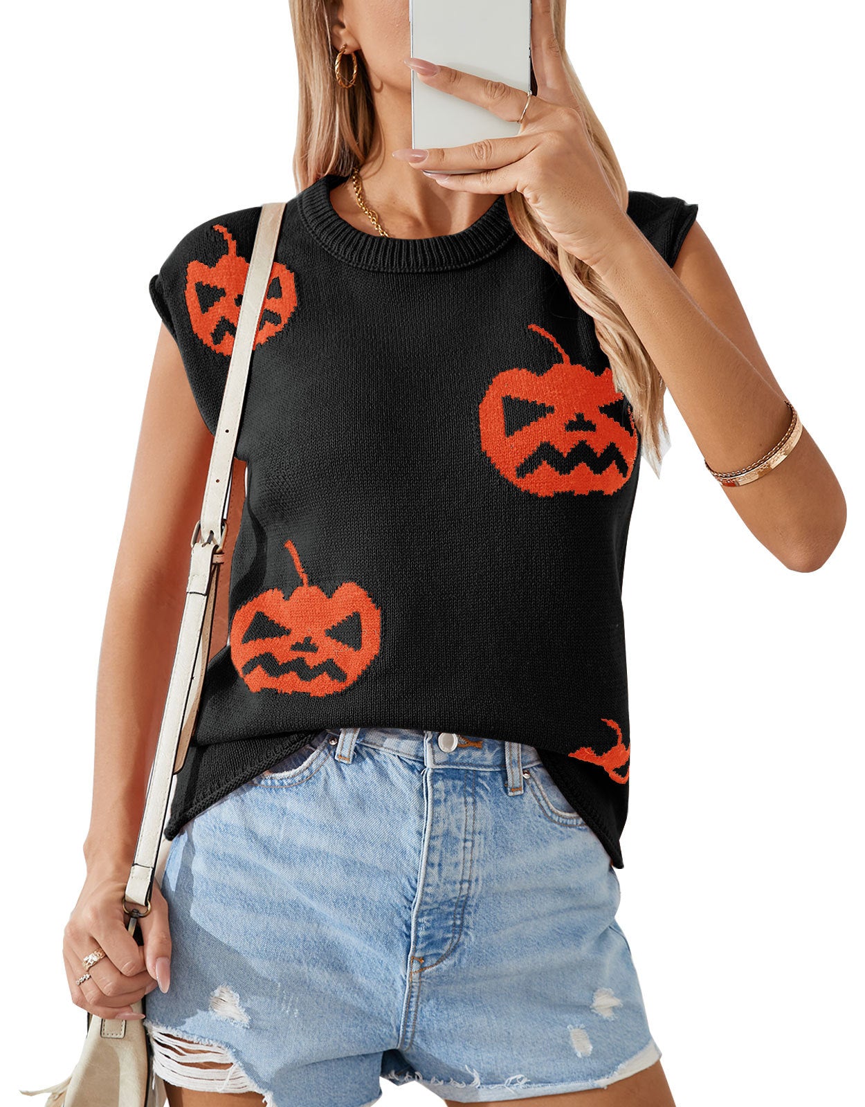 Women's Halloween Pumpkin Sleeveless Knit Sweater Vest
