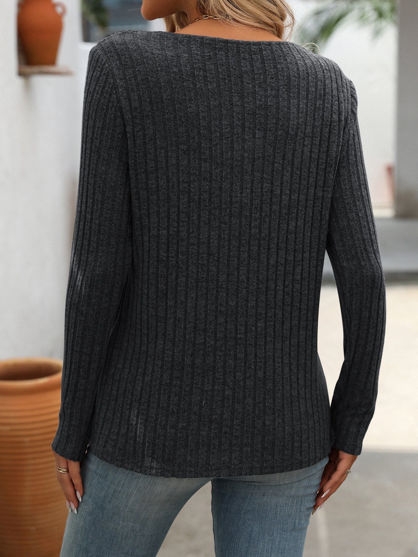 Ribbed V Neck Button Detail Long Sleeve Top