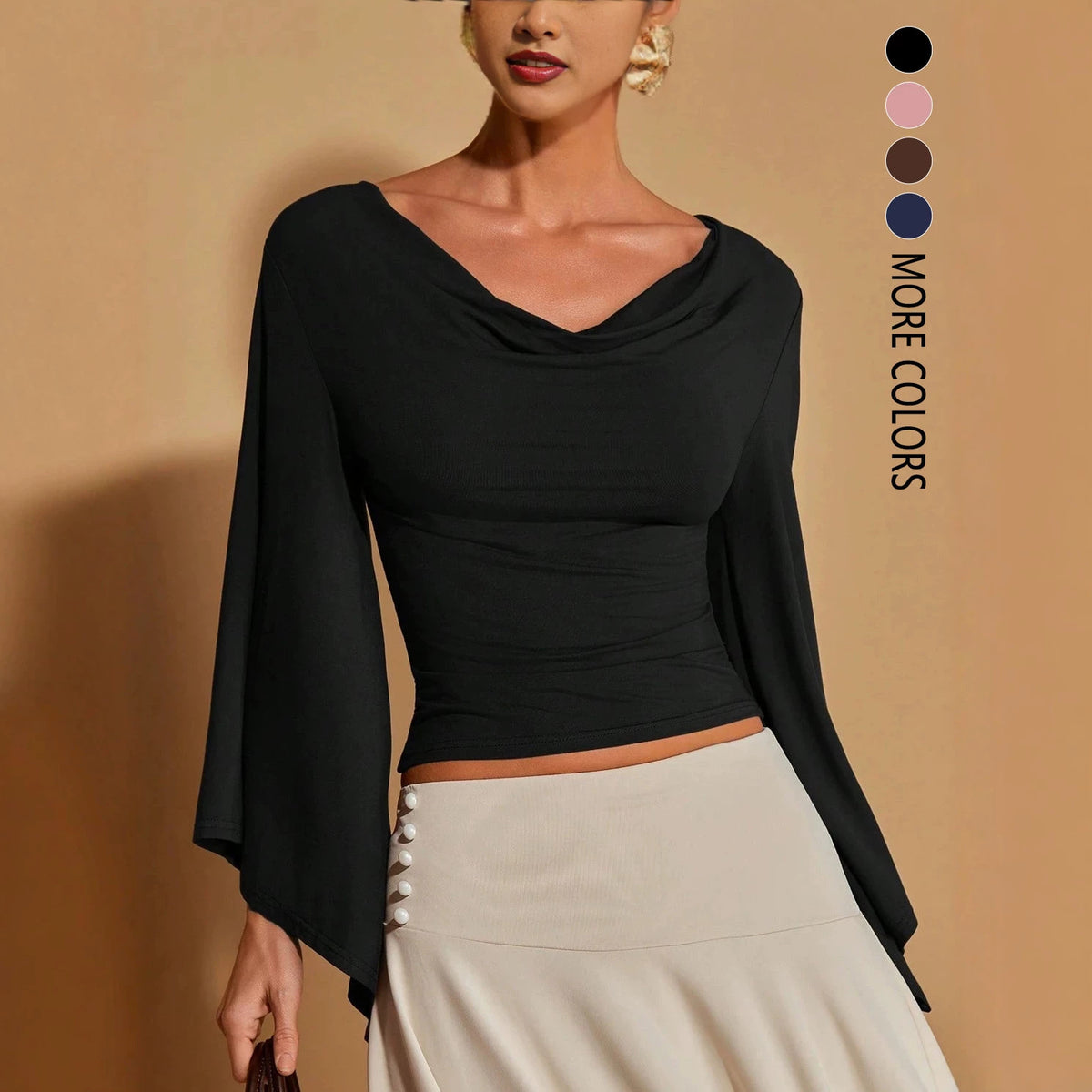 Women's Cowl Neck Flare Sleeve Fitted Top