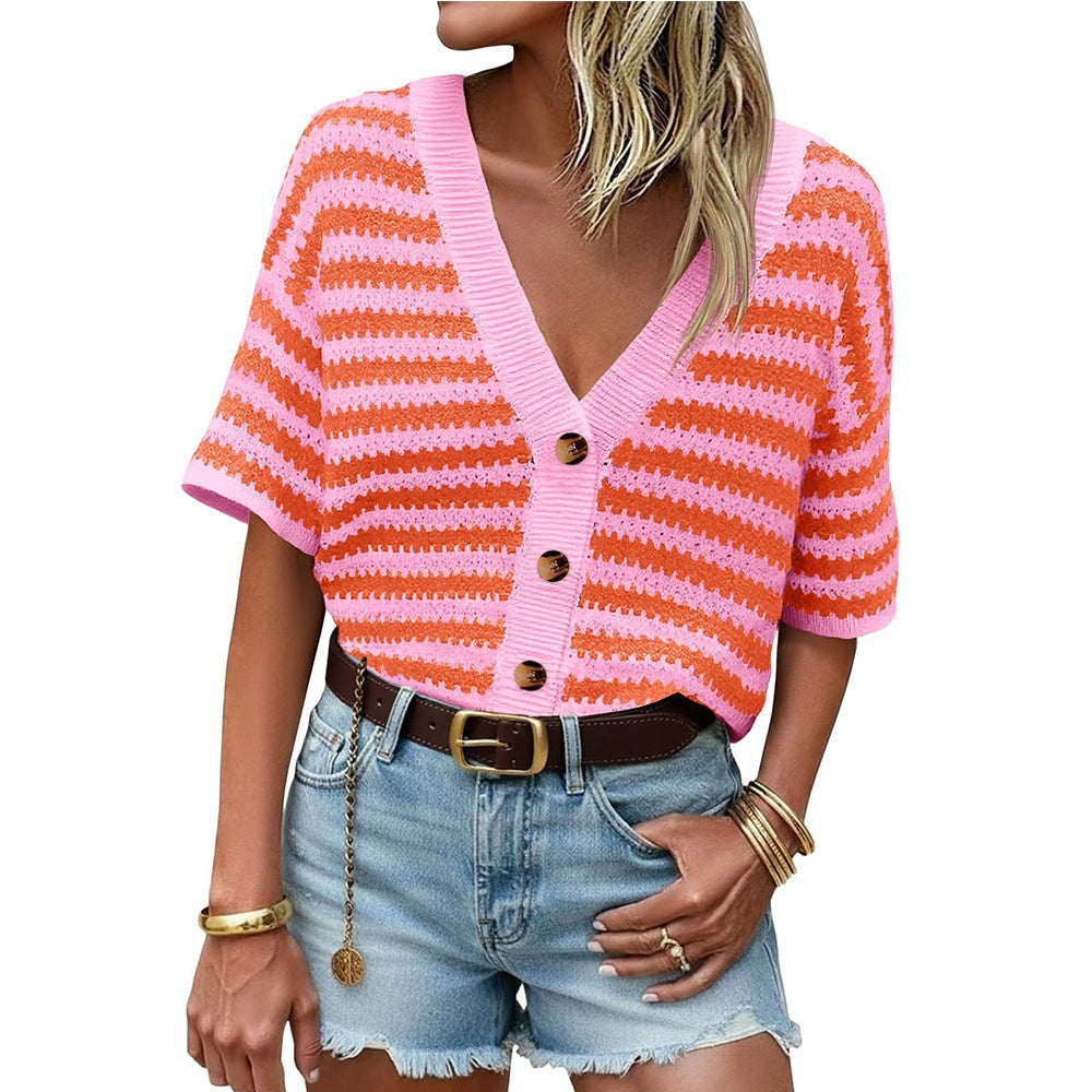 Striped Crochet Cardigan V Neck Button Knit Top