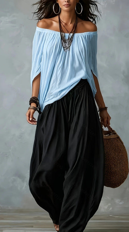 Women Boho Off Shoulder Top Lantern Pants 2pc Set