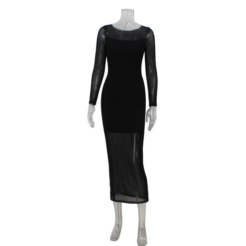Black Mesh Panel Long Sleeve Bodycon Maxi Dress