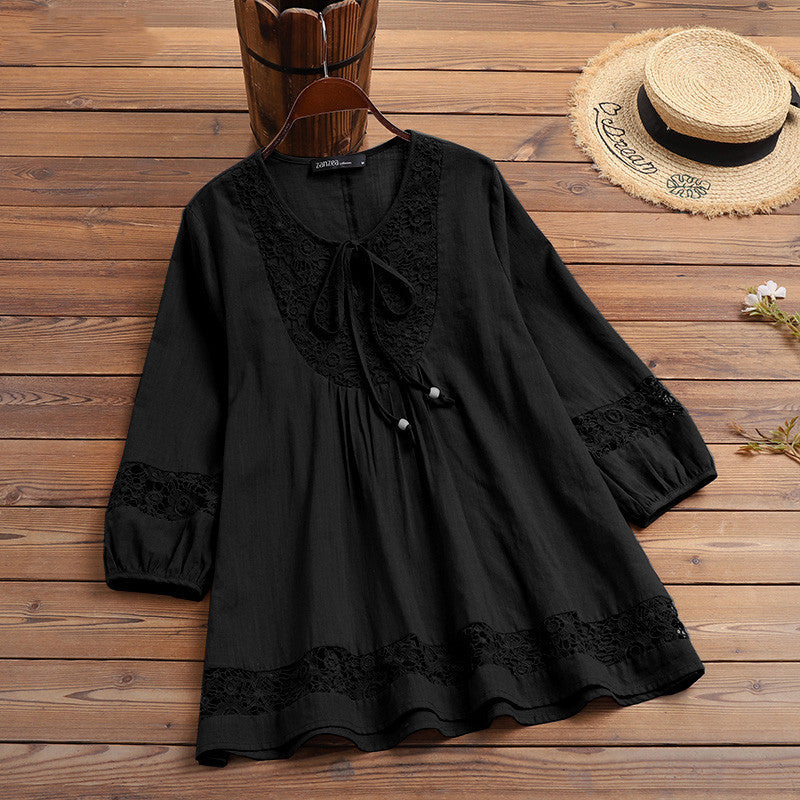 Women's Crochet Lace Peasant Blouse Cotton Linen 3/4 Sleeve