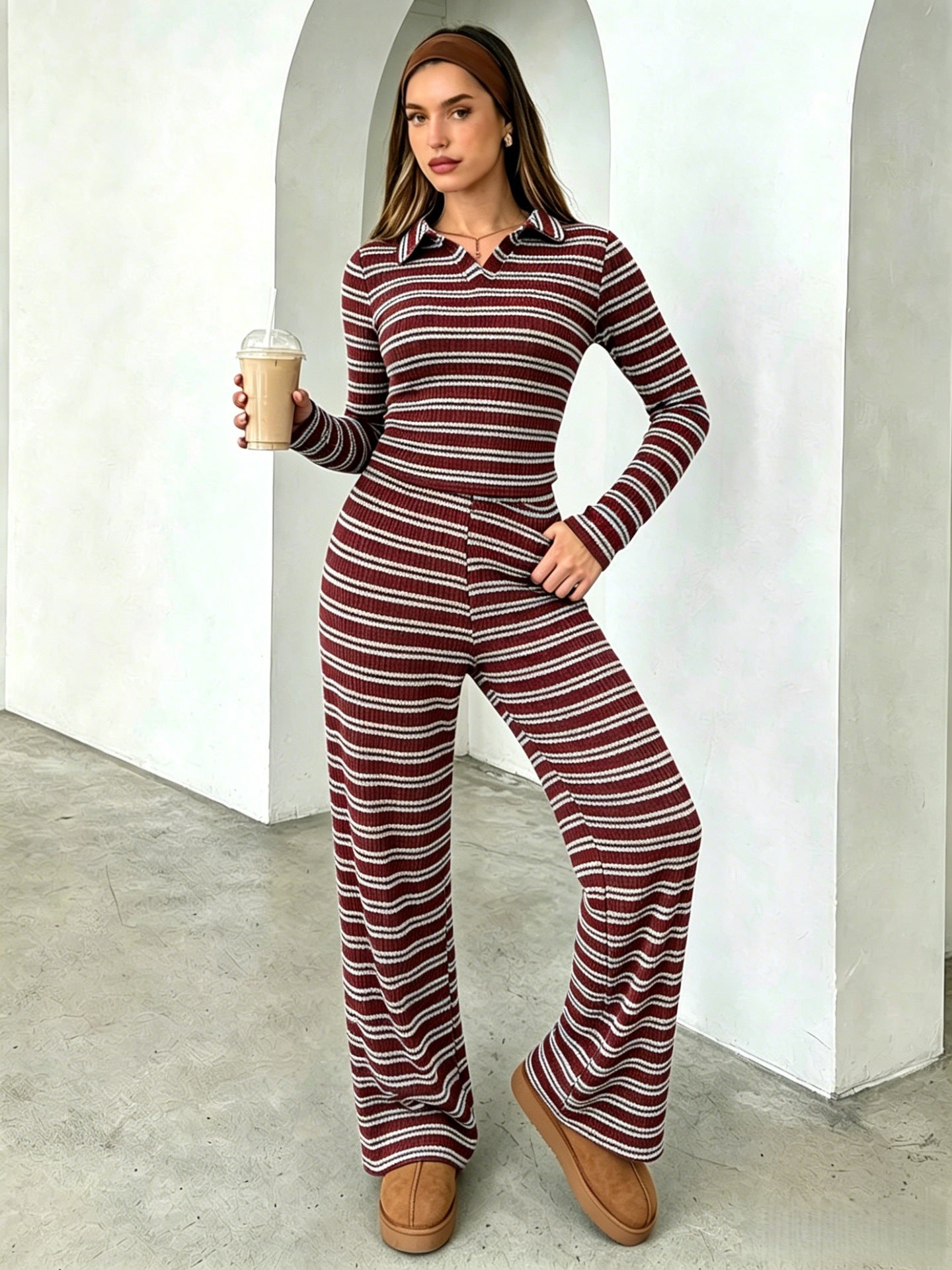 Striped Colorblock Collar Long Sleeve Top & Pants Set
