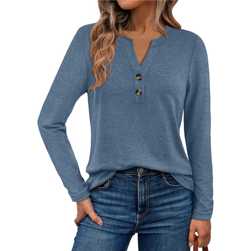 Women's Long Sleeve V-Neck Henley Loose Fit Top