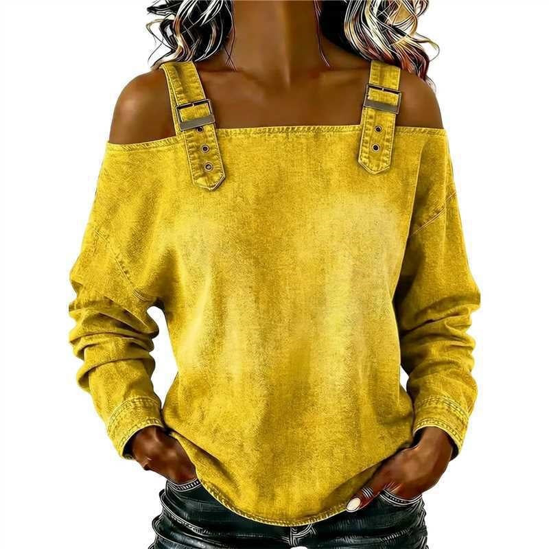 Women's Off Shoulder Denim Buckle Strap Long Sleeve Top