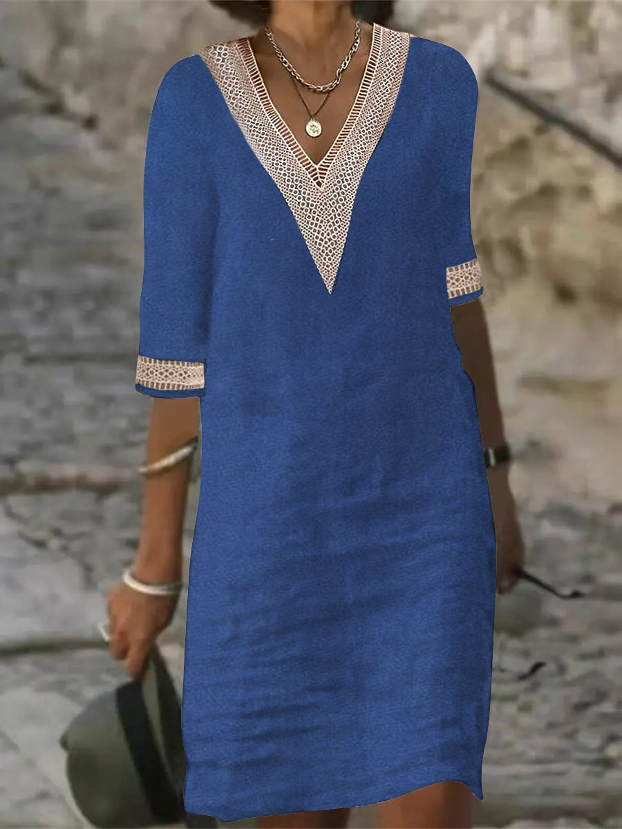 Women's Cotton Linen V-Neck Lace Trim Casual Midi Dress
