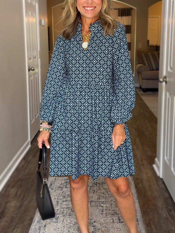 Women's Geometric V-Neck Midi Dress 3/4 Sleeve Flowy Casual