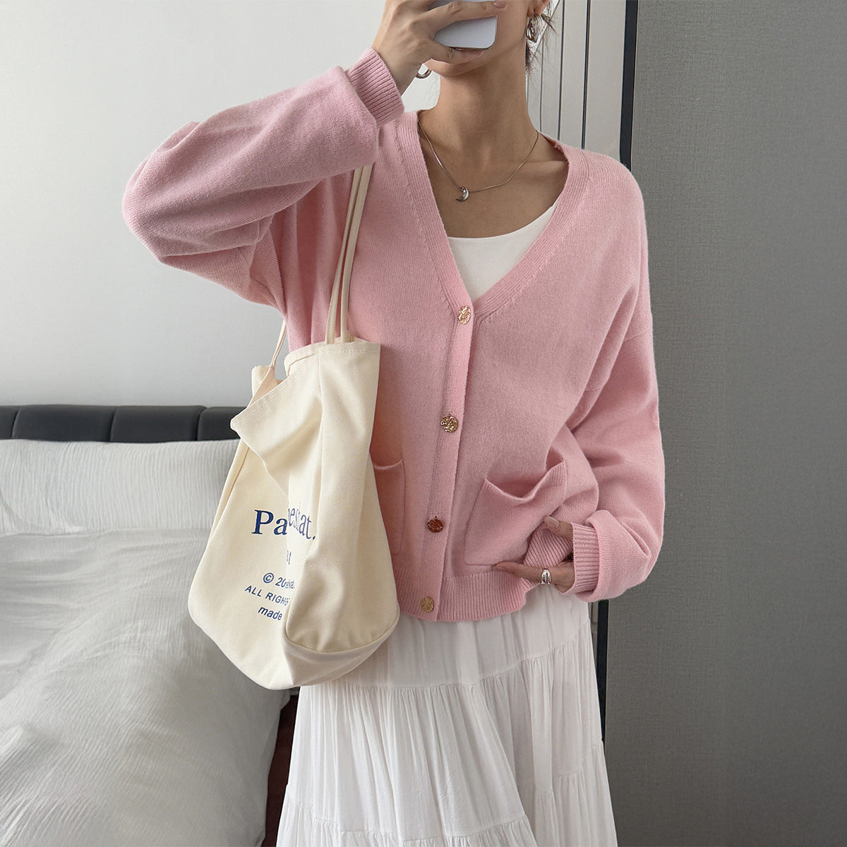 Women’s Solid Color Knit Cardigan V Neck Long Sleeve Top