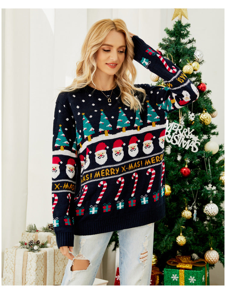 Navy Blue Christmas Sweater with Santa and Tree Pattern