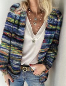 Women's Multicolor Striped V-Neck Knit Cardigan Sweater