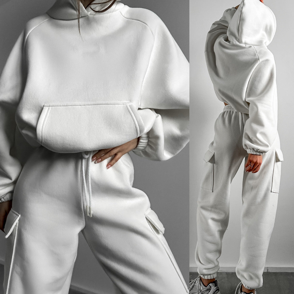 Women's Oversized Fleece Hoodie Cargo Joggers Set