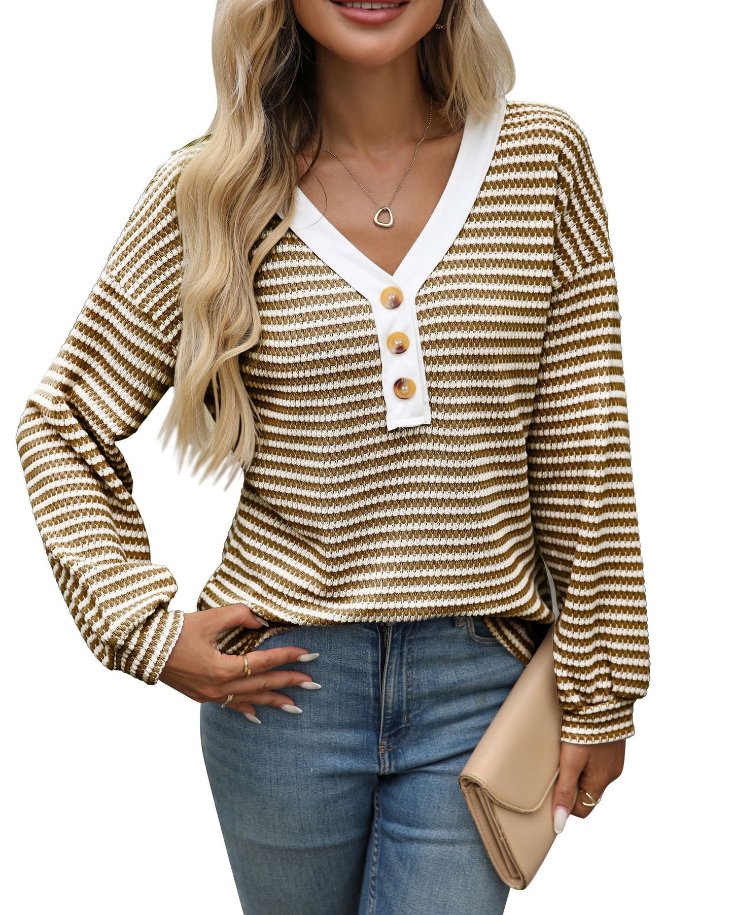Striped V Neck Henley Long Sleeve Casual Knit Top