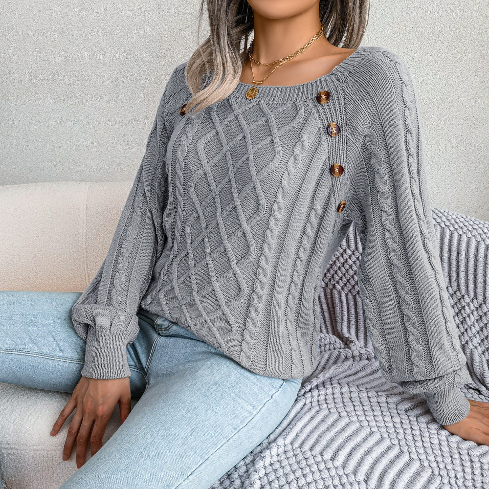 2025 Fall Winter Casual Square Neck Button Detail Cable Knit Sweater