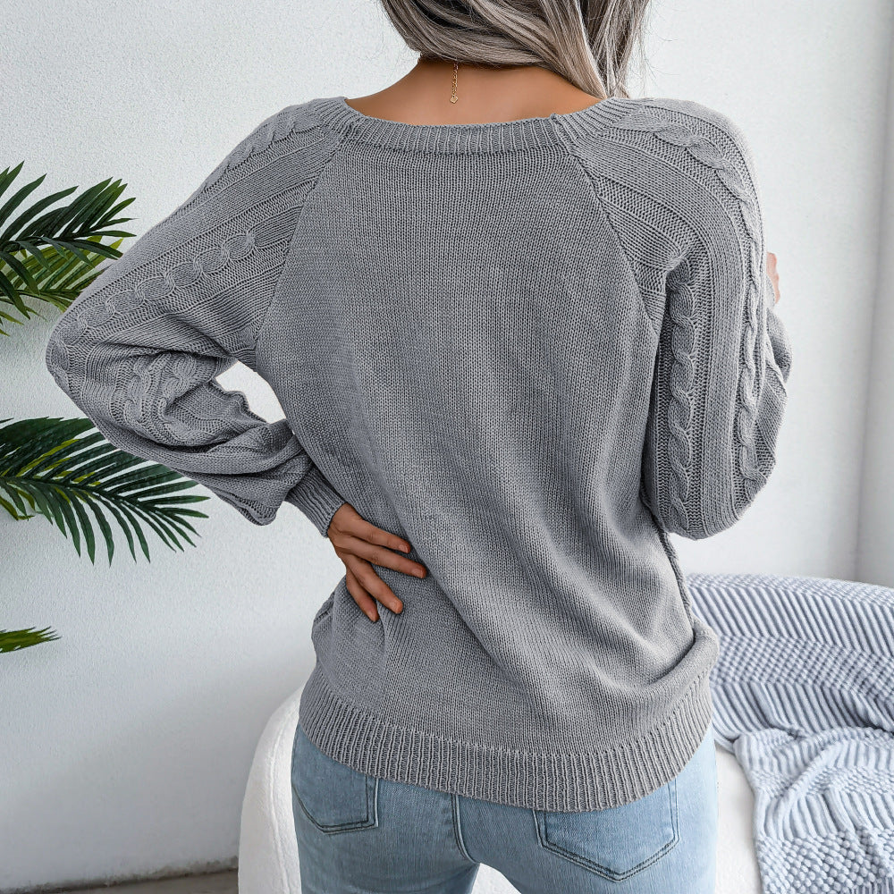 2025 Fall Winter Casual Square Neck Button Detail Cable Knit Sweater