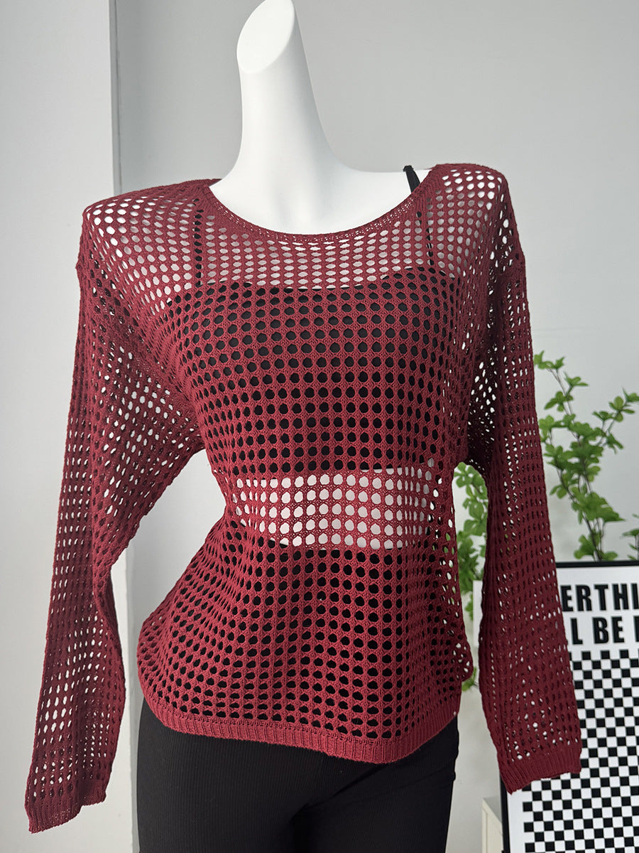Women's Oversized Sheer Crochet Sweater Long Sleeve