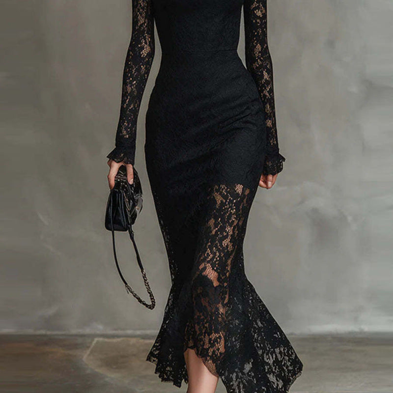 Black Lace Long Sleeve Bodycon Cocktail Maxi Dress