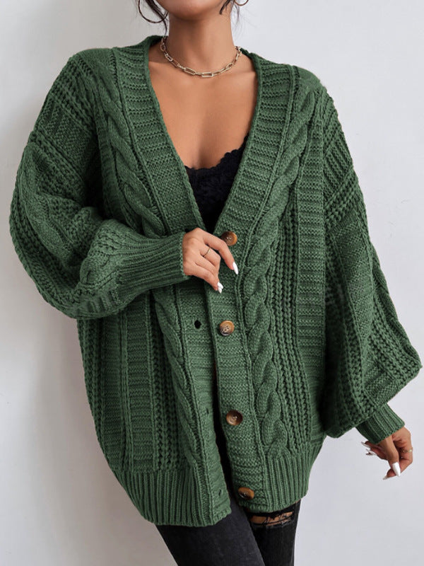 Women's V Neck Cable Knit Lantern Sleeve Cardigan