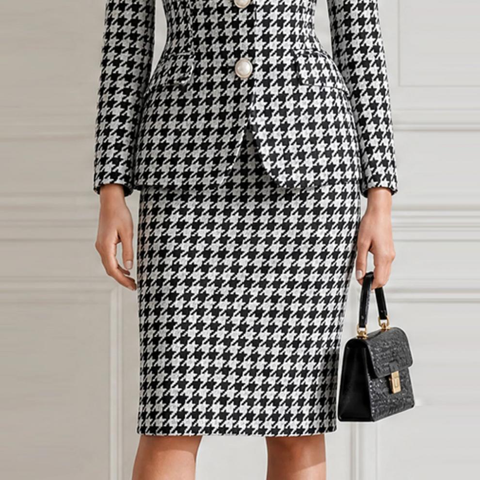 Elegant Houndstooth Blazer Midi Skirt 2 Piece Set