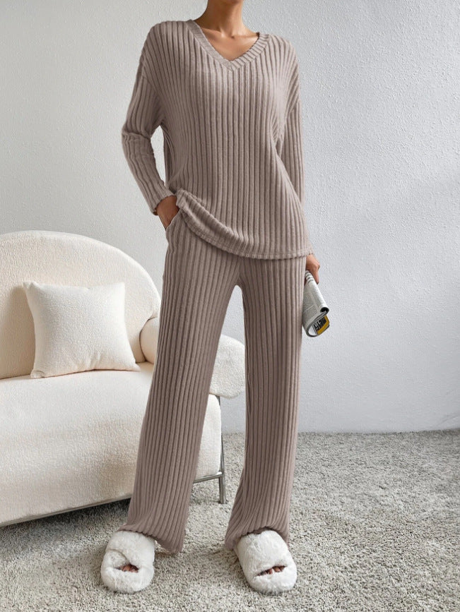 Women's Ribbed Knit V-Neck Two Piece Lounge Set