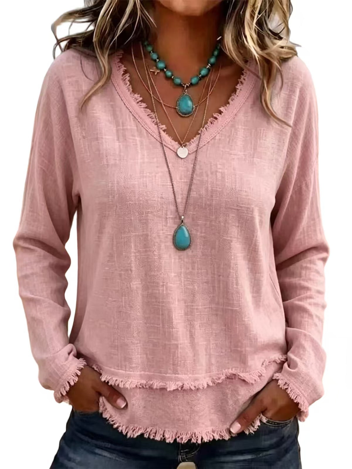 Women's Oversized V Neck Frayed Hem Long Sleeve Top