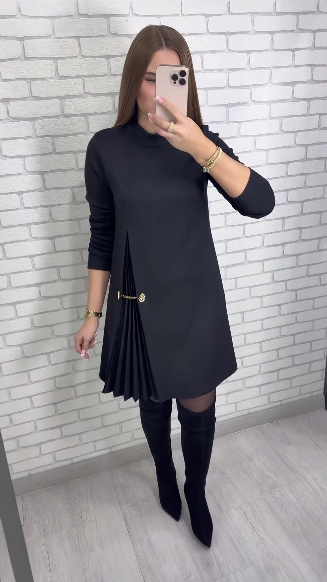 Black Mock Neck Long Sleeve Ruched Midi Dress