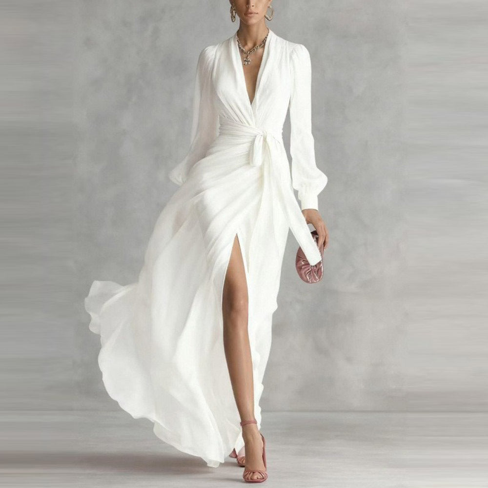 Elegant V-Neck Long Sleeve High Slit Flowy Maxi Dress