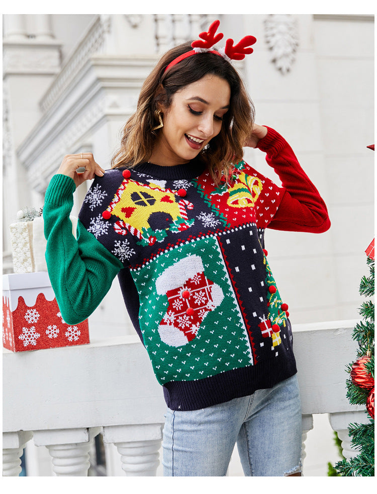 Christmas Patchwork Knit Sweater Women Holiday Pullover