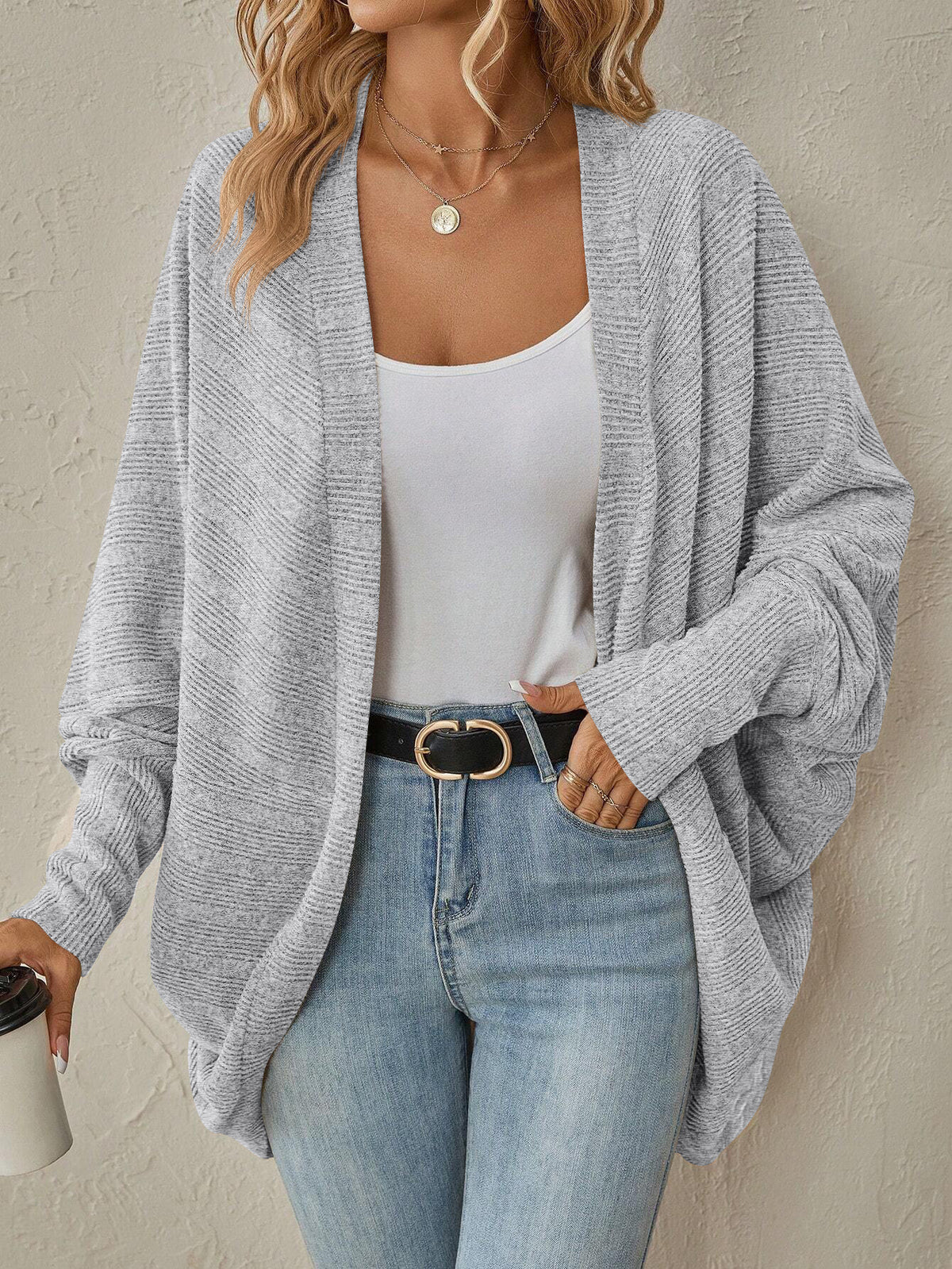 Oversized Open Front Cardigan Long Sleeve Textured Knit