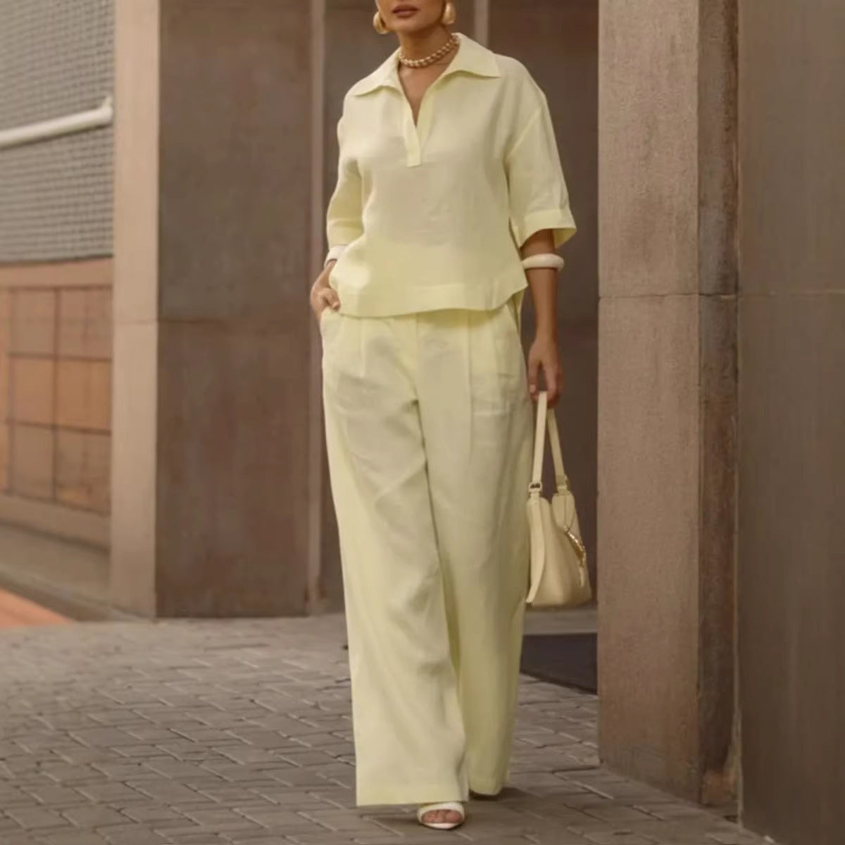 Women Oversized Collared Top Wide Leg Pants Matching Set