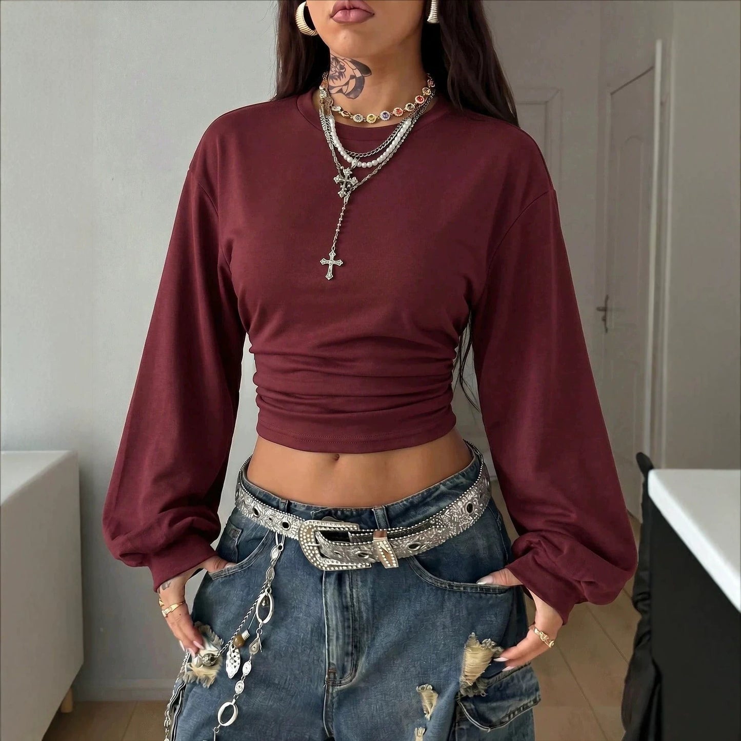 Women's Y2K Puff Sleeve Crop Top Ruched Waist Solid