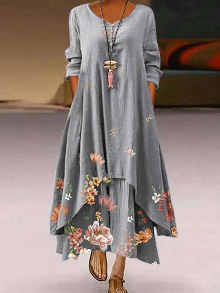 Women's Boho Floral Long Sleeve Asymmetrical Maxi Dress