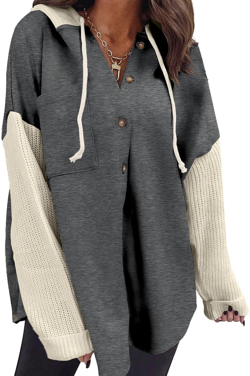 2025 Fall/Winter Colorblock Knit Sleeve Hoodie – Casual Button Down Top