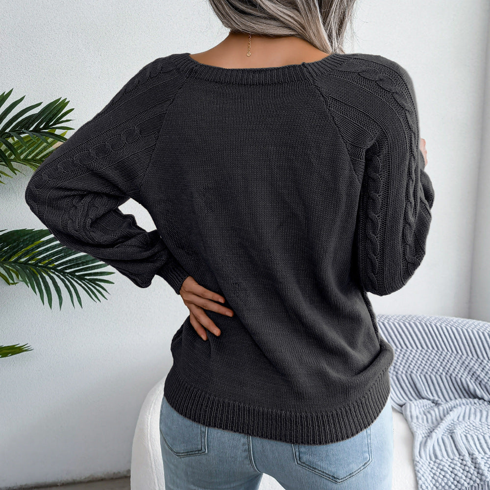 2025 Fall Winter Casual Square Neck Button Detail Cable Knit Sweater