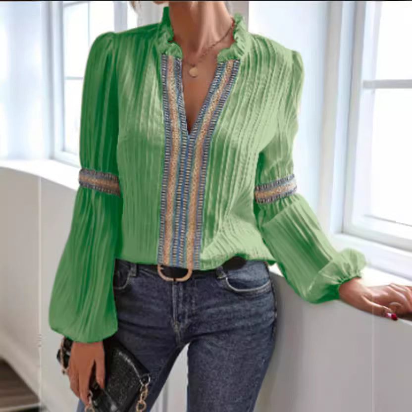 Boho Embroidered V Neck Lantern Sleeve Blouse