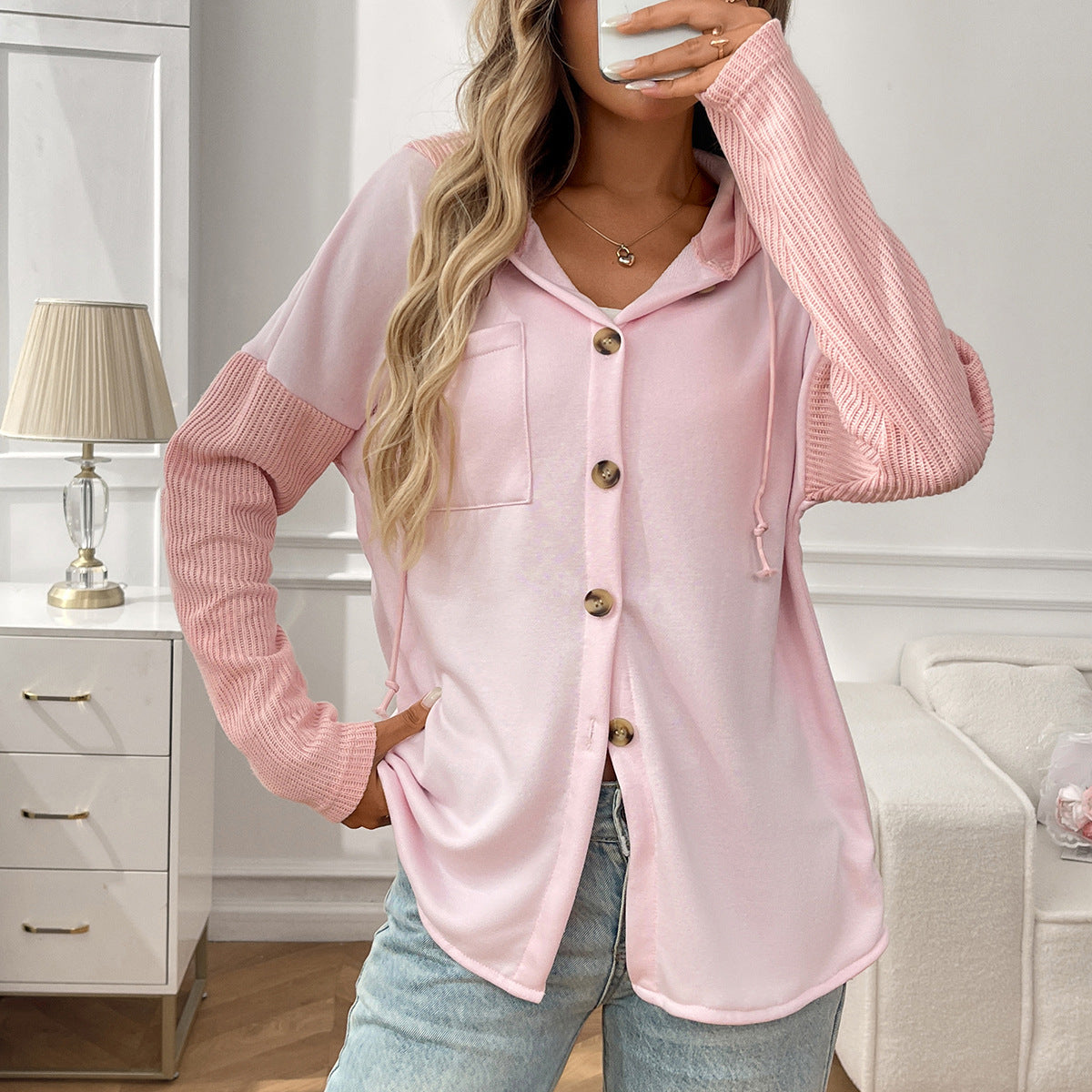 2025 Fall/Winter Colorblock Knit Sleeve Hoodie – Casual Button Down Top