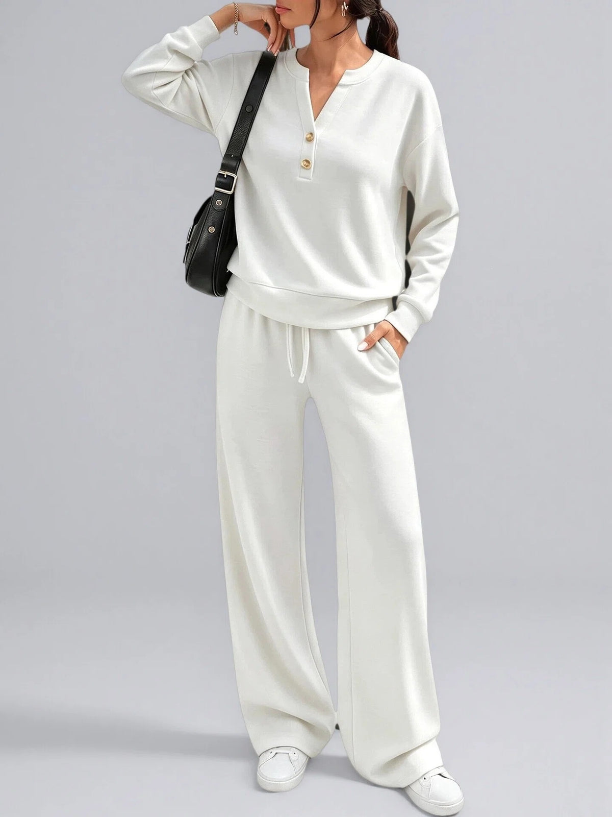 Women's Matching Lounge Set Henley Top Wide Leg Pants