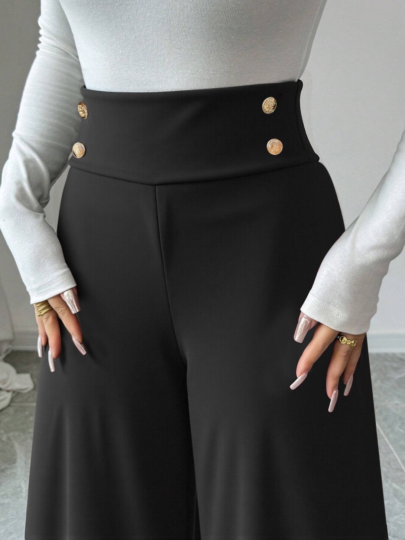 Black High Waist Wide Leg Pants Button Trousers
