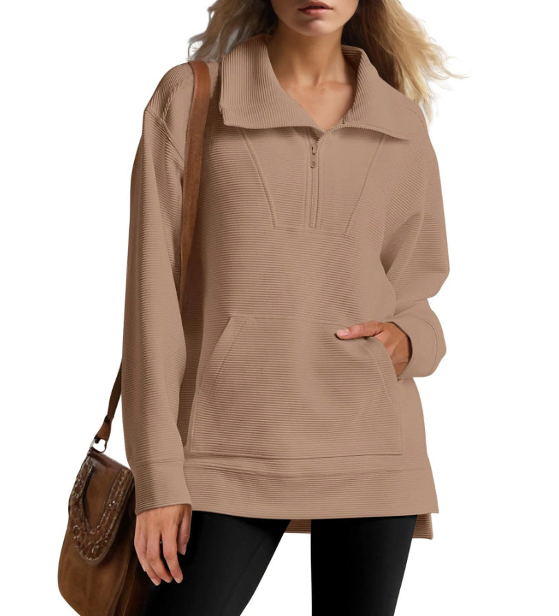 Women's Oversized Half Zip Collar Sweatshirt Asymmetric Hem