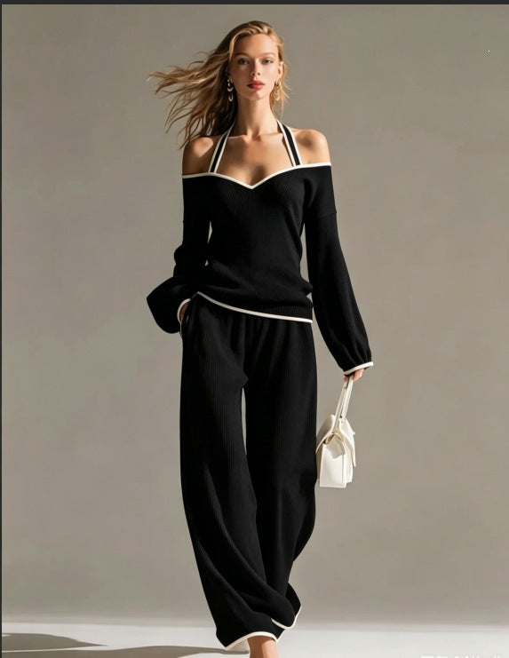 Off Shoulder Contrast Trim Knit Top and Pants Set