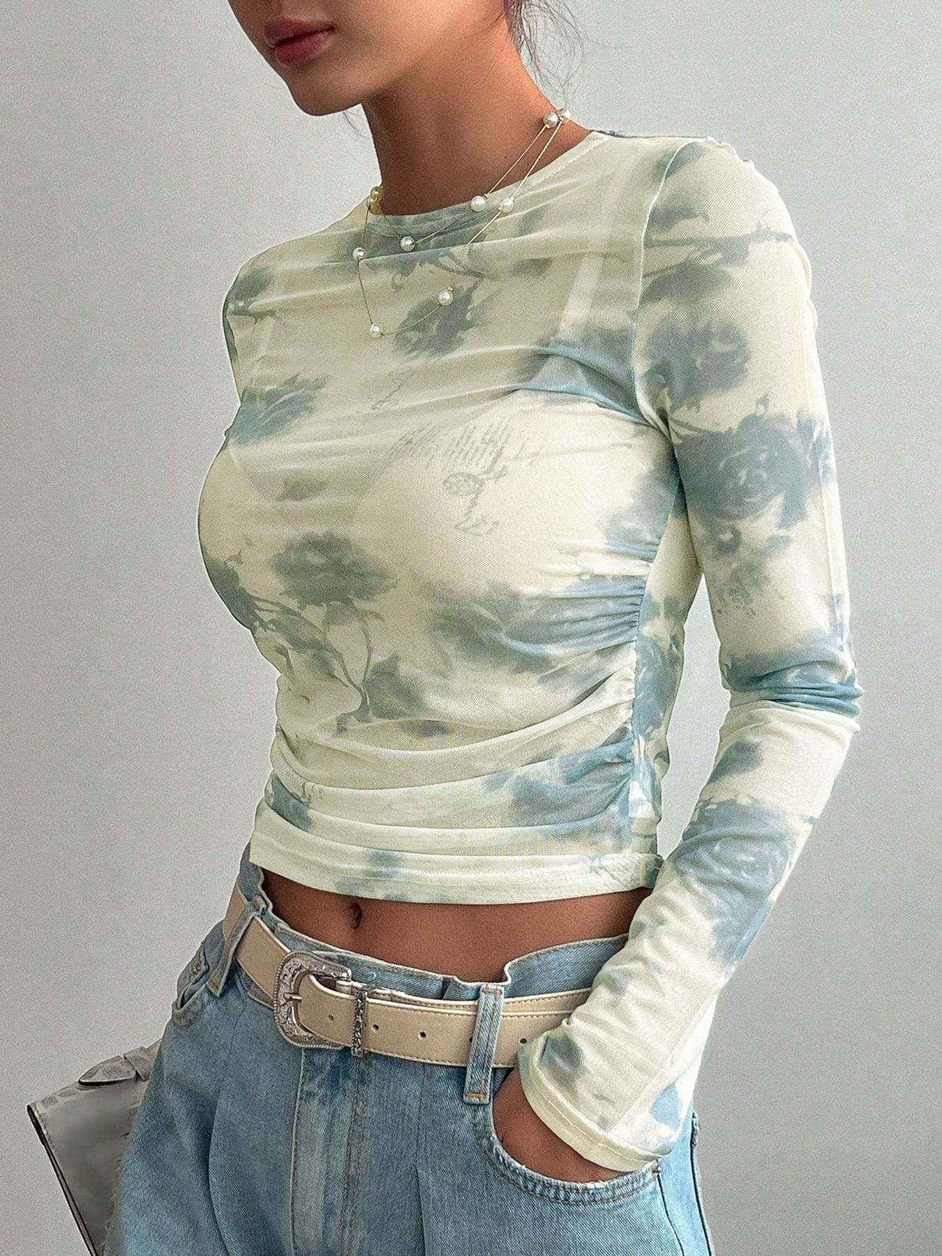 Floral Mesh Ruched Long Sleeve Crop Top