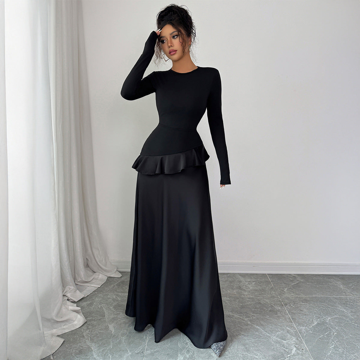 Black Long Sleeve Ruffle Satin Maxi Dress
