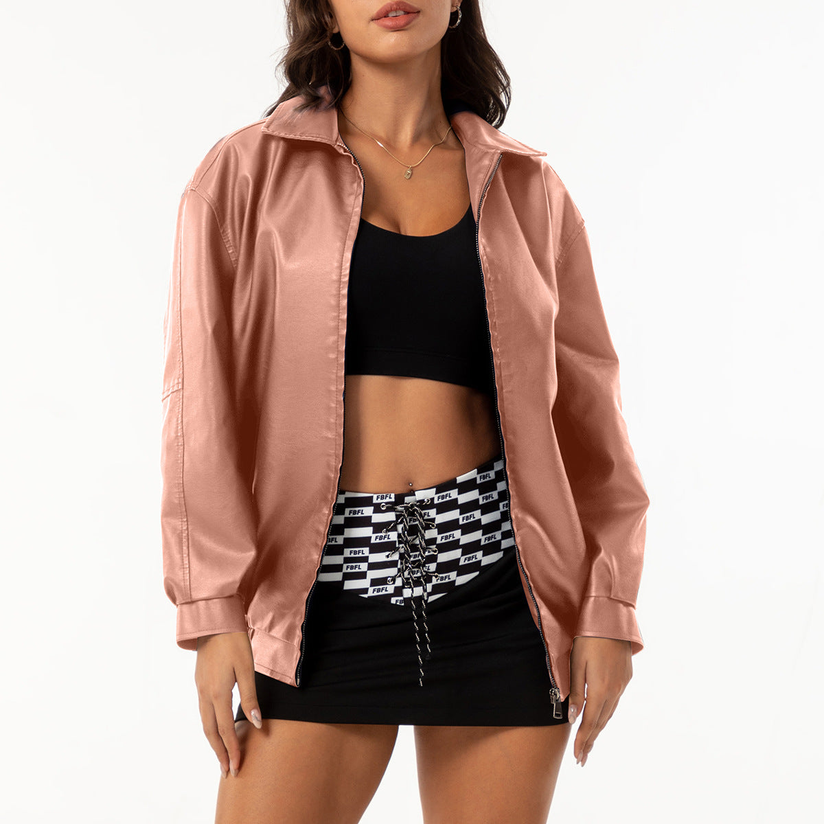 Womens Oversized Faux Leather Jacket Zip Up Casual