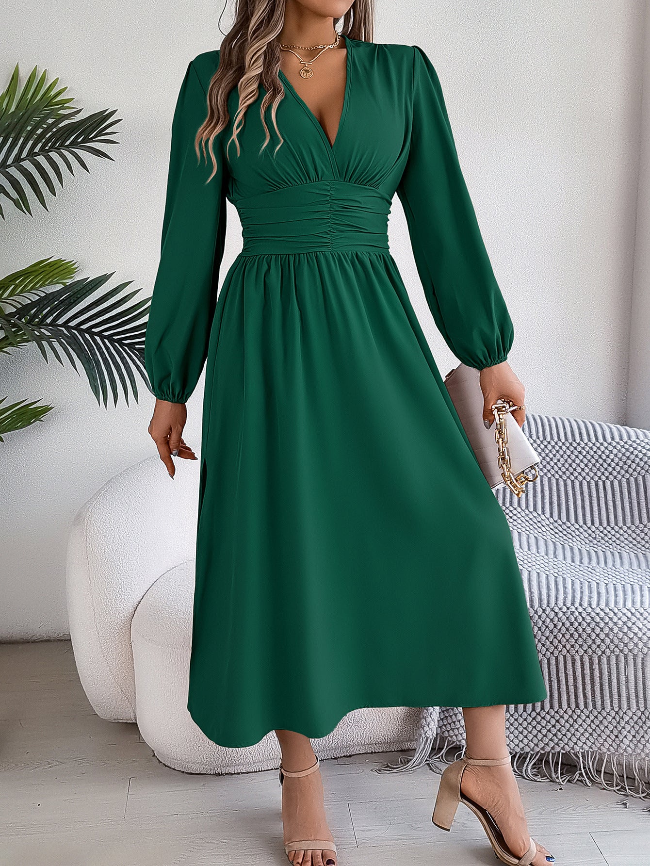 Solid Color V Neck Long Sleeve Slit Maxi Dress